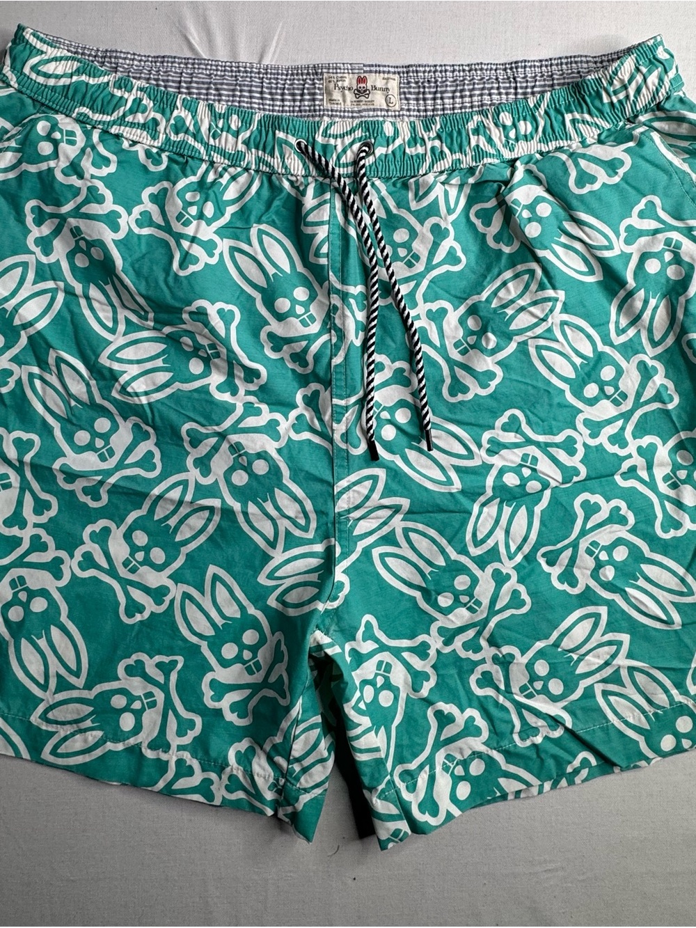 Psycho Bunny Teal and White Graphic Swim Shorts